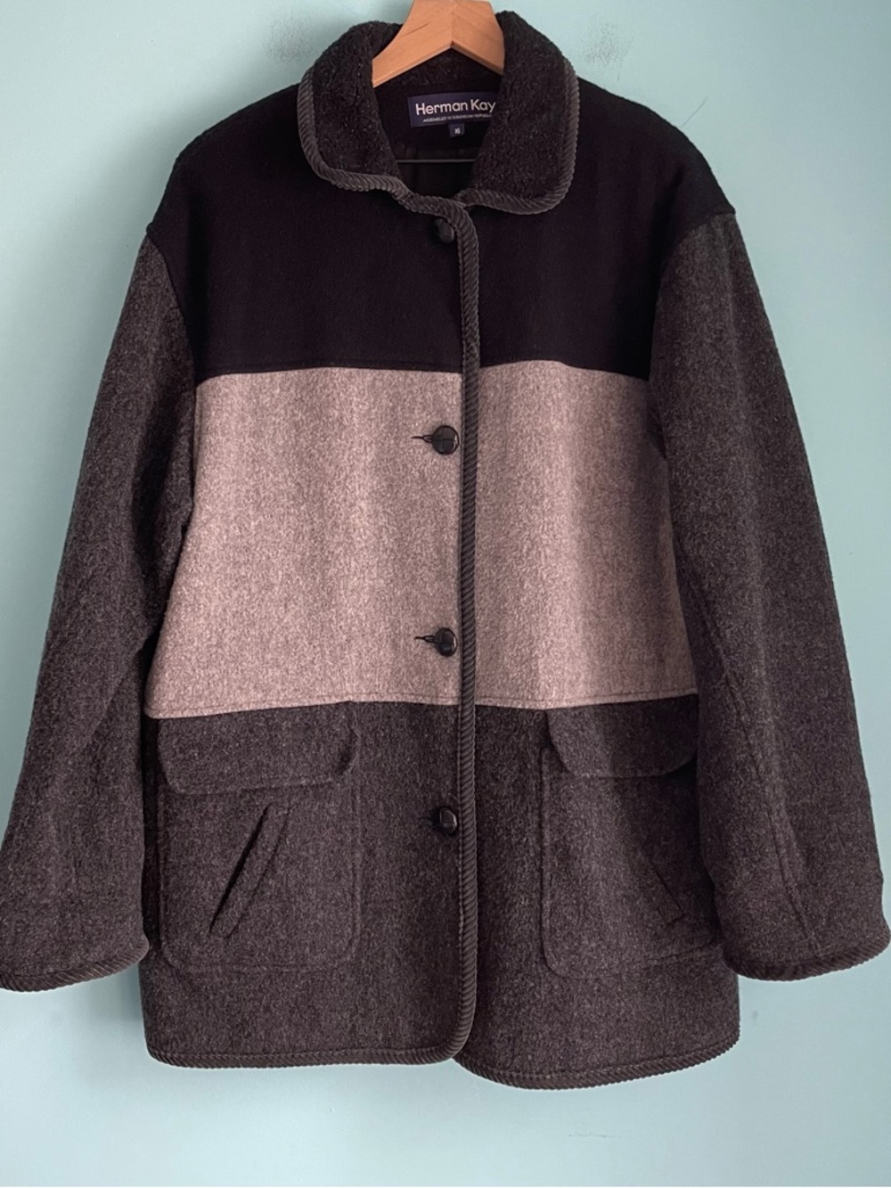 Herman Kay Vintage Wool Lagen Jacket 16 Charcoal Bold Stripe Oversized Comfy